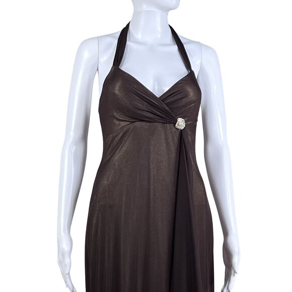 Cache Womens 8 Halter Backless Brown Gold Shimmer Evening Gown Rhinestone Accent - Picture 4 of 16